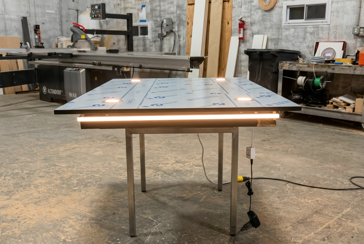 Newly fabricated elevator cab ceiling panel with LED lighting on a stand inside our New York fabrication shop