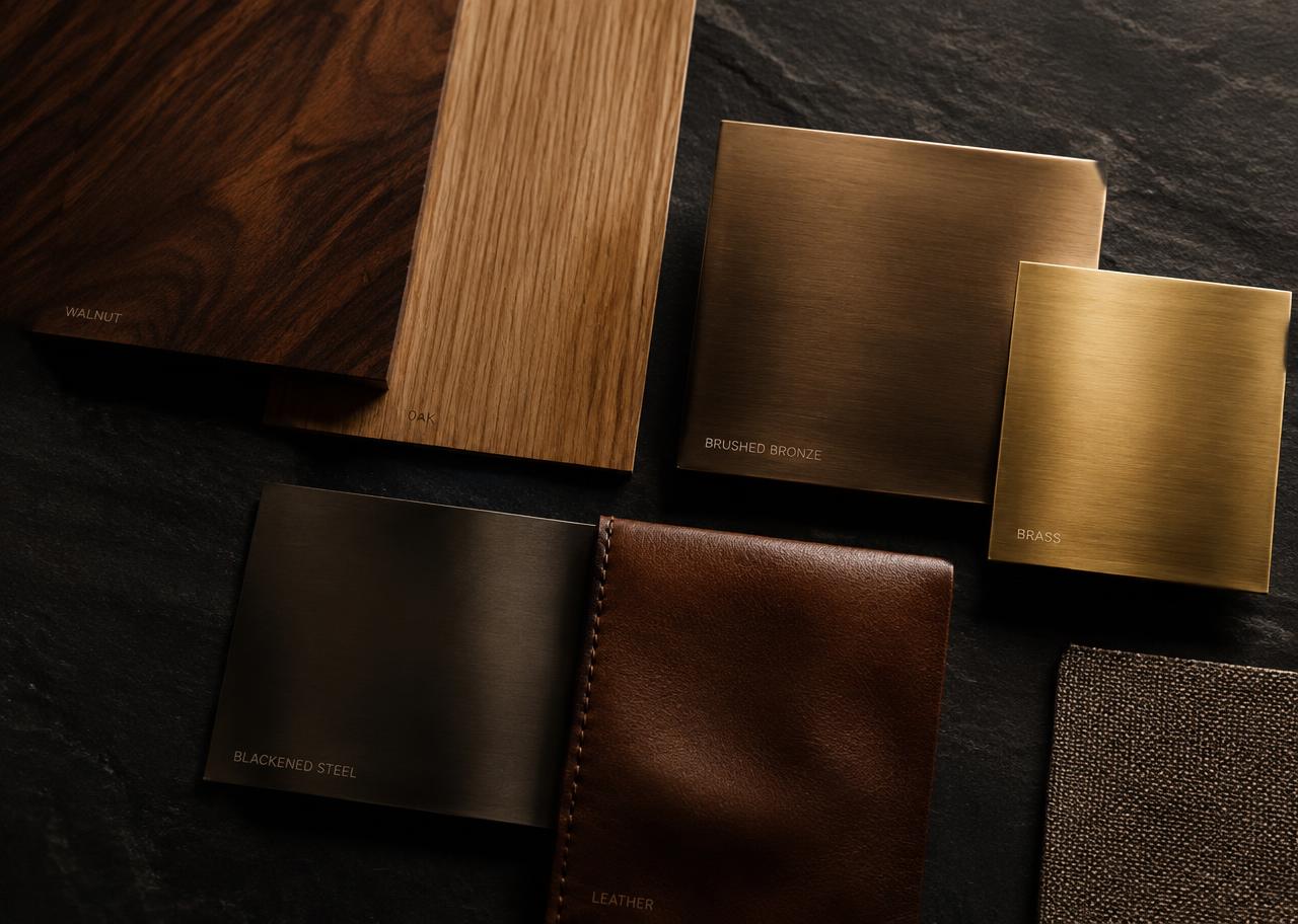 Elevator cab material samples: walnut and oak veneer, brushed bronze, brass, blackened steel and leather